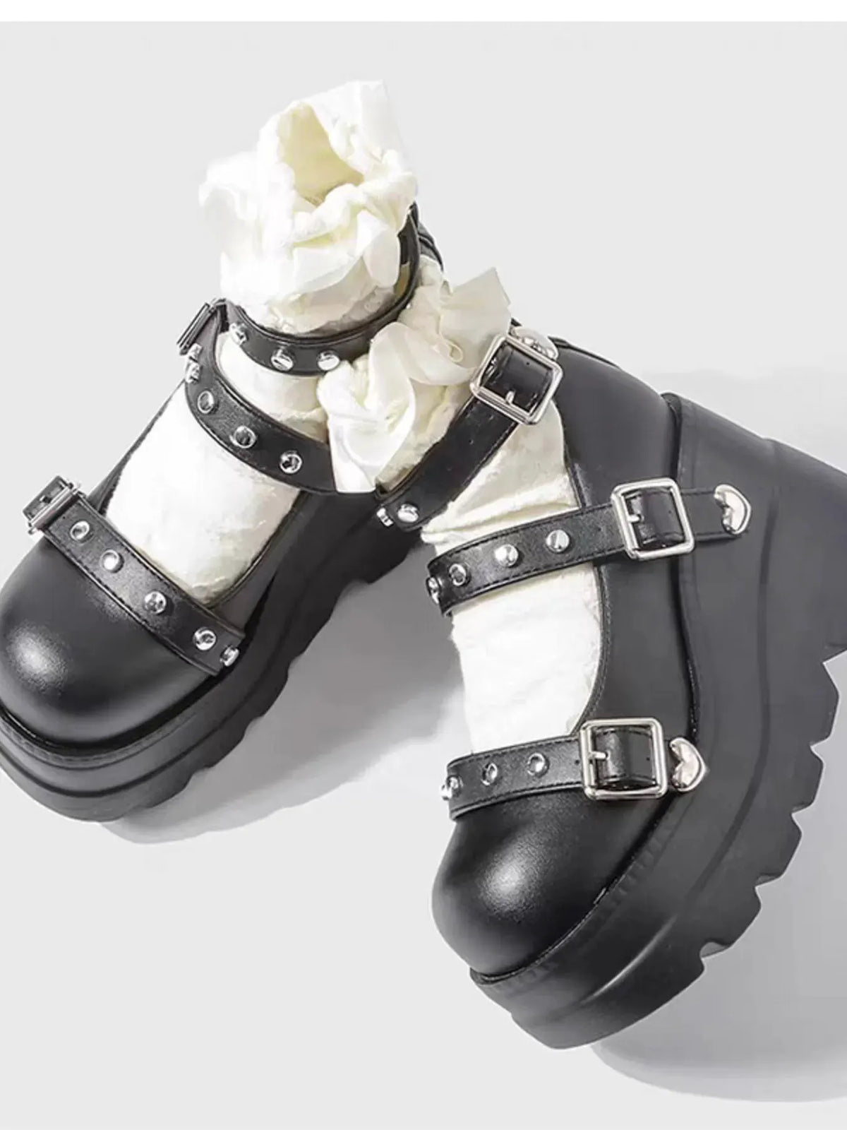 Platform Mary Jane Shoes with Triple Buckle Straps by Partner Label