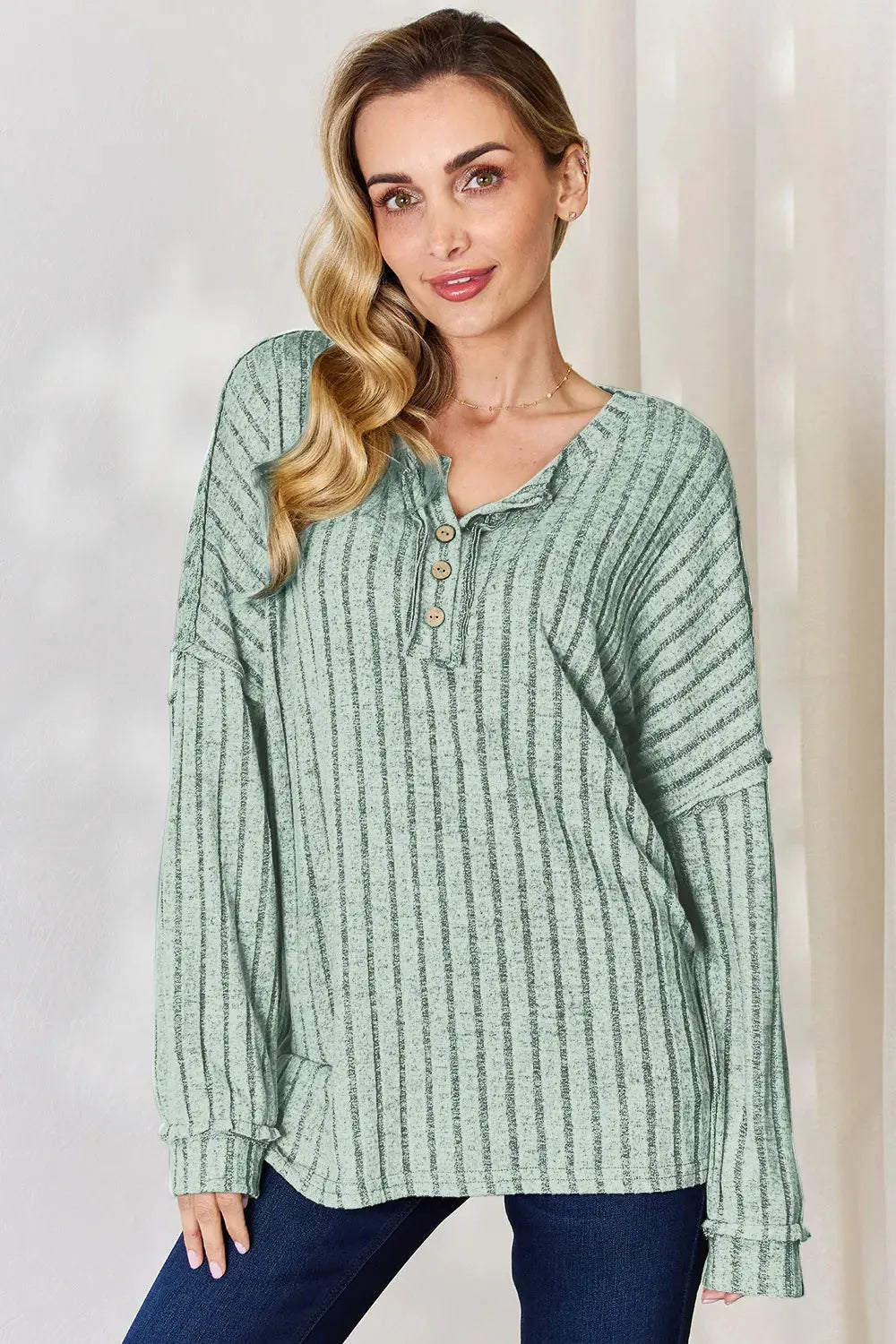 Basic Bae Full Size Ribbed Half Button Long Sleeve T‑Shirt | Partner Labels Selection by Partner Label