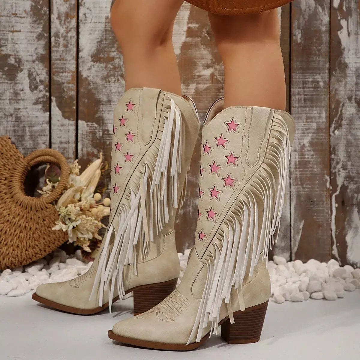 Star Fringe Block Heel Boots by Partner Label
