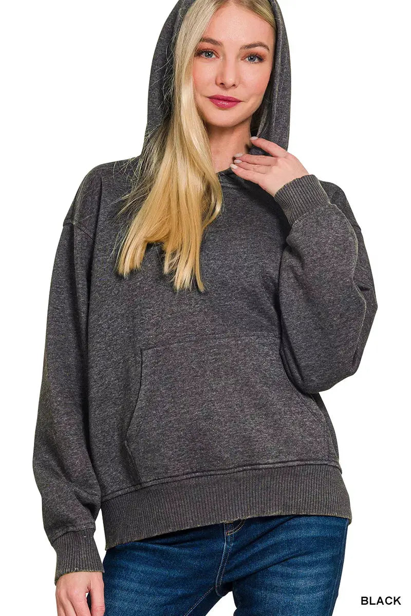 Zenana Fleece Acid Wash Kangaroo Pocket Hoodie by Zenana