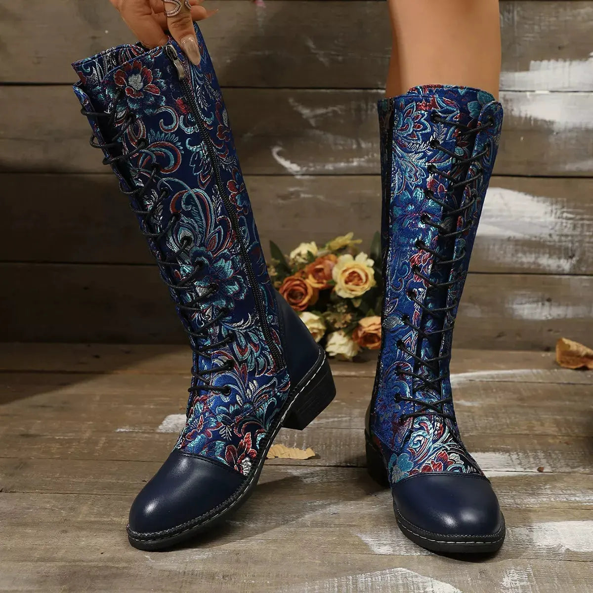 Embroidered Lace-Up Block Heel Boots by Partner Label