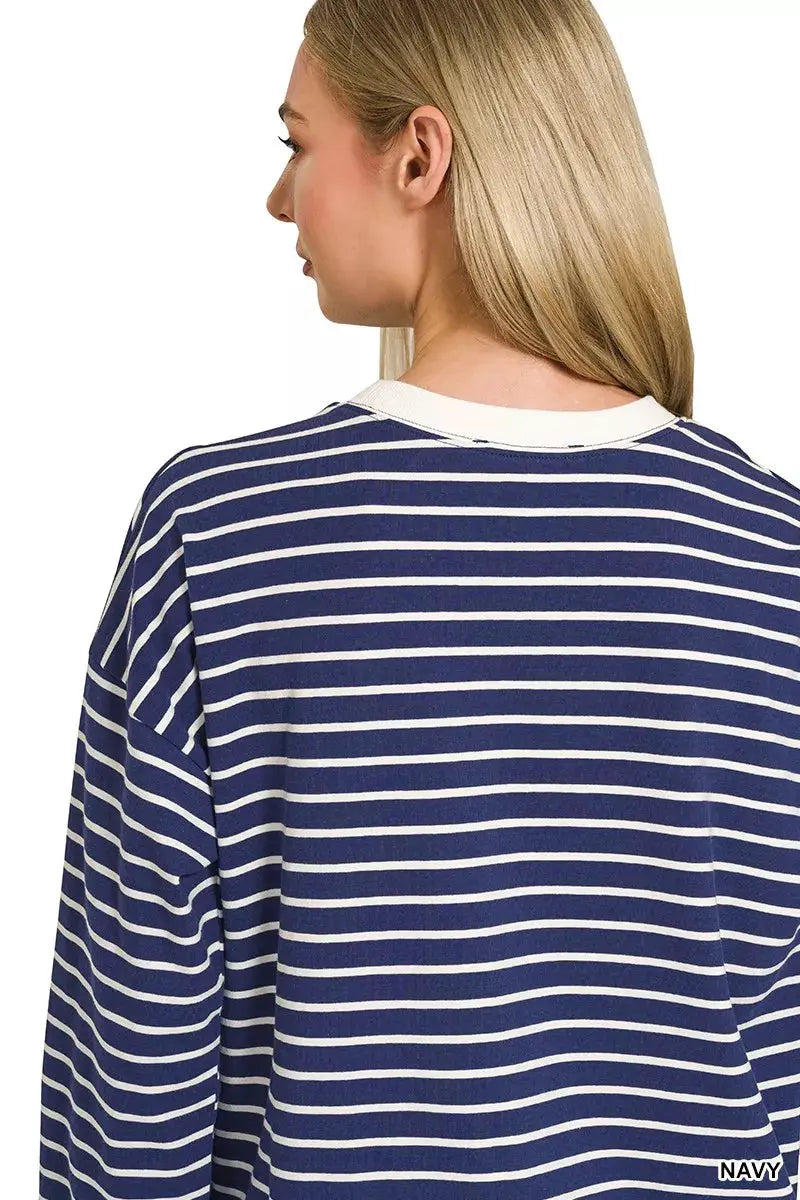 Zenana Contrast Striped Round Neck Sweatshirt by Zenana