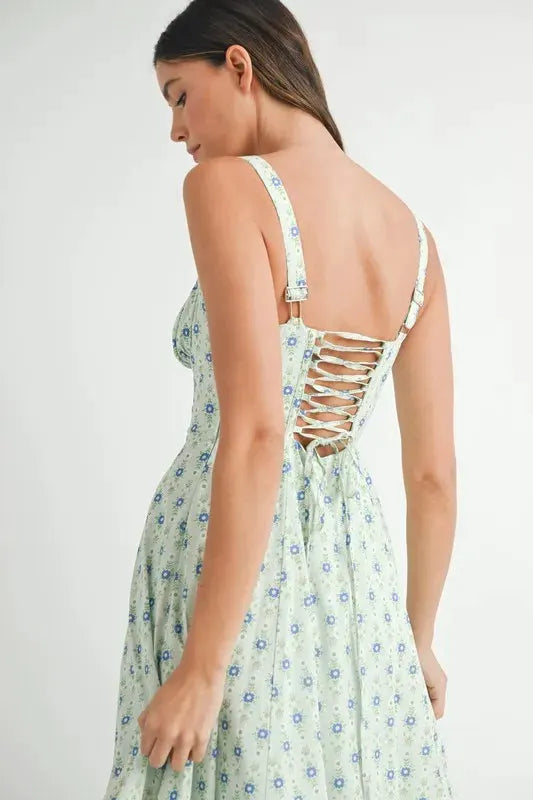 MABLE Floral Print Bustier Back Lace Up Midi Dress by MABLE
