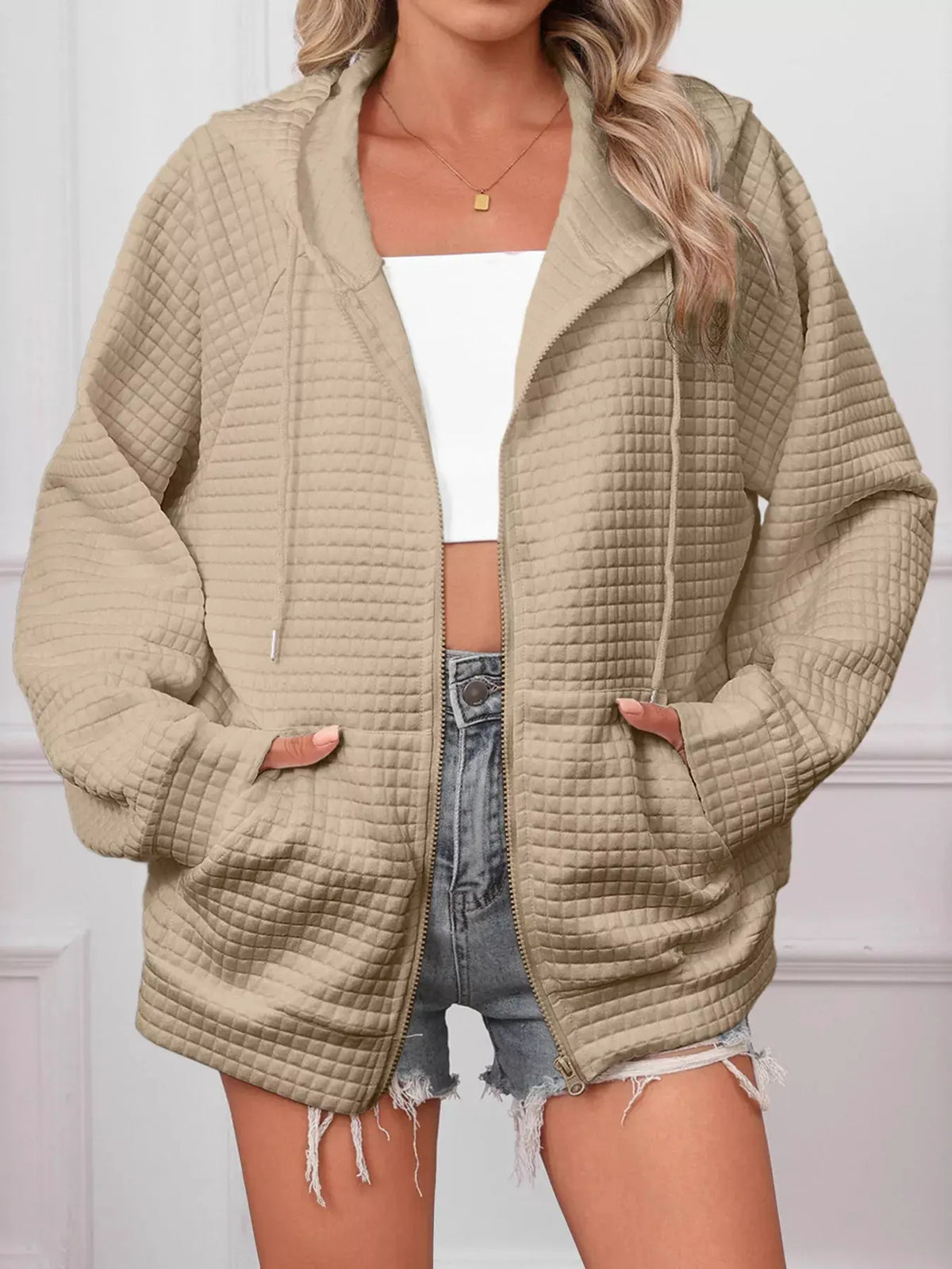 Full Size Textured Quilted Zip-Up Hooded Jacket Plus Size by Partner Label