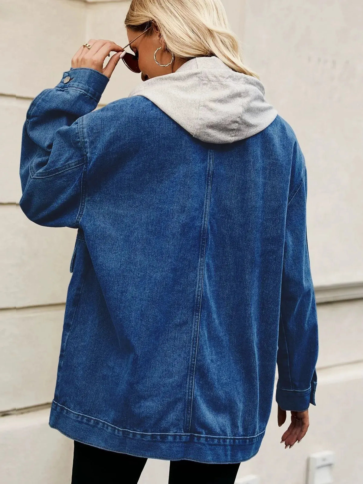 Oversized Button Up Denim Jacket with Hood by Partner Label