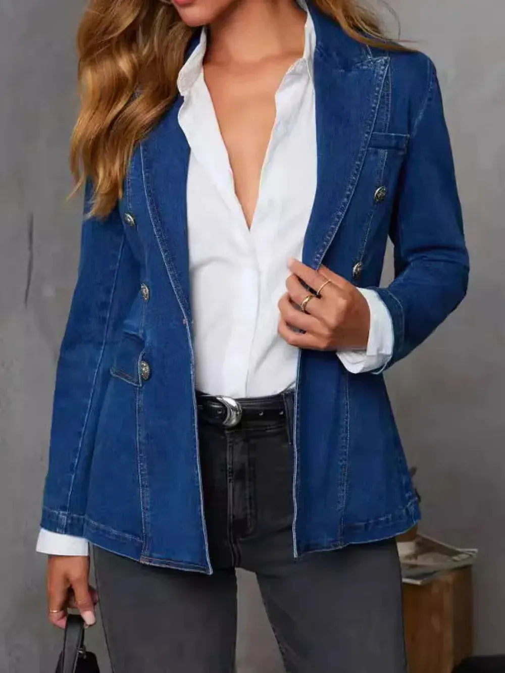 Collared Neck Long Sleeve Denim Jacket by Partner Label
