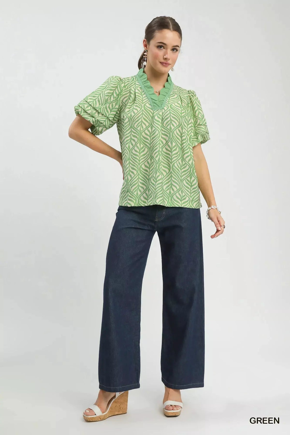 Umgee Printed Puff Sleeve Ruffle Neck Top by Umgee