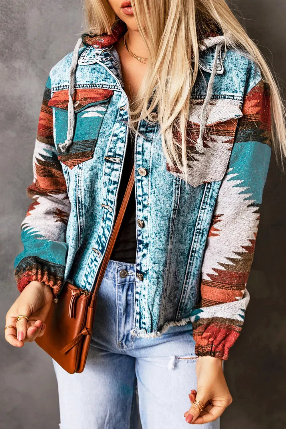 Drawstring Hooded Pocketed Denim Jacket by Partner Label