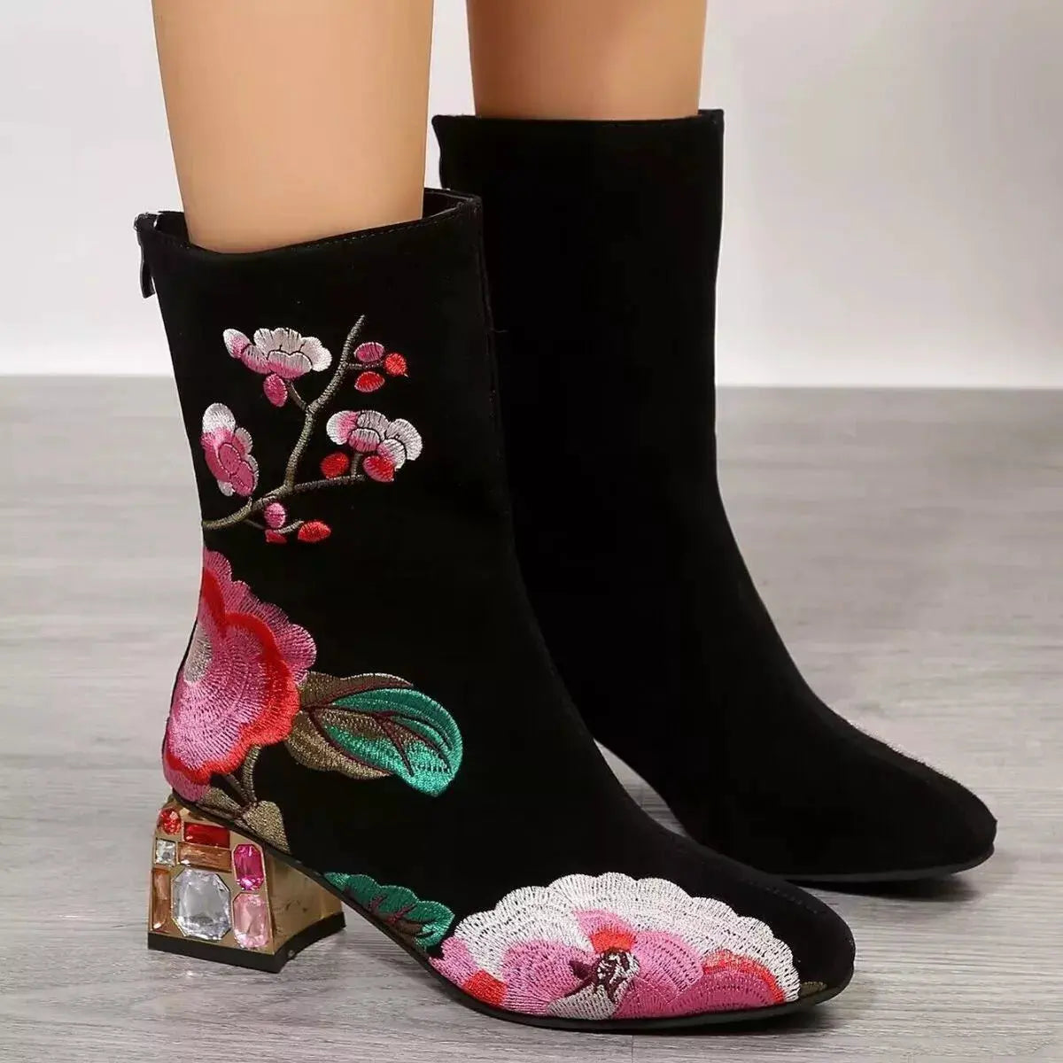 Floral Embroidered Rhinestone Block Heel Boots by Partner Label