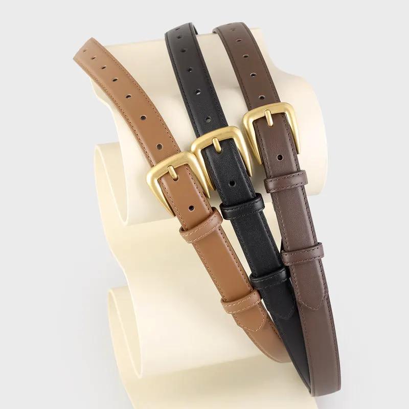 Skinny Leather Belt with Golden Buckle by Trendsi