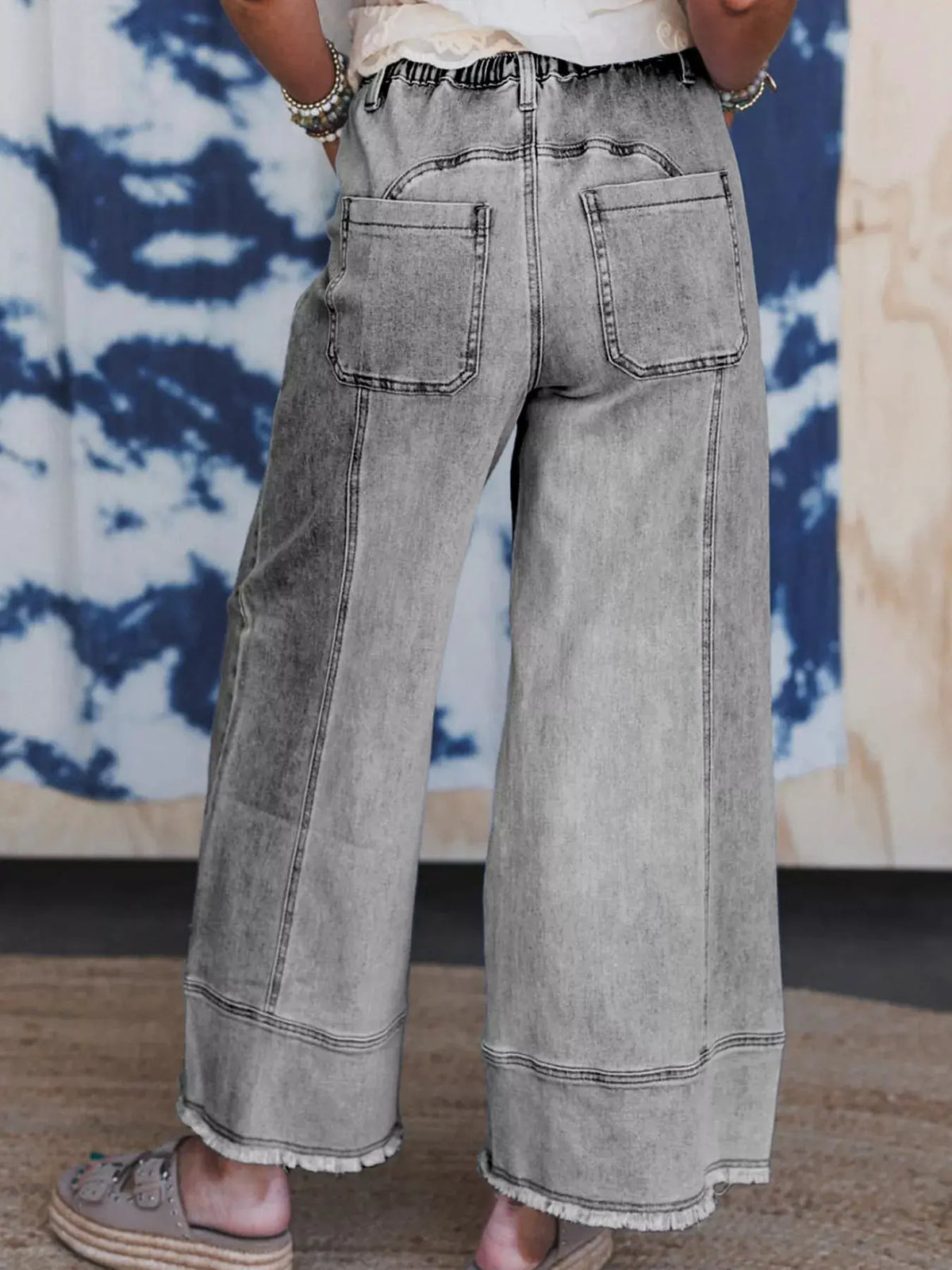 Wide Leg Drawstring Raw Hem Jeans by Partner Label