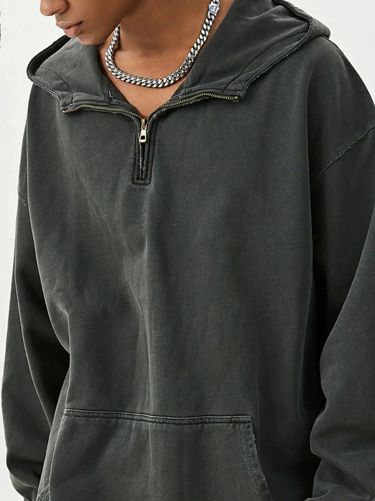Men's Washed Quarter-Zip Hoodie with Kangaroo Pocket by Trendsi