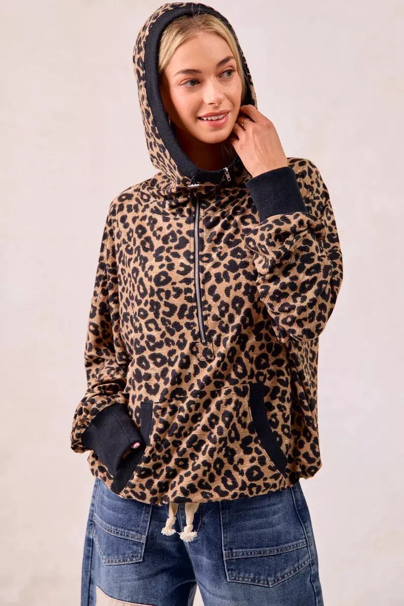 BiBi Leopard Print Waffle Half Zip Up Hoodie W Pocket by BiBi