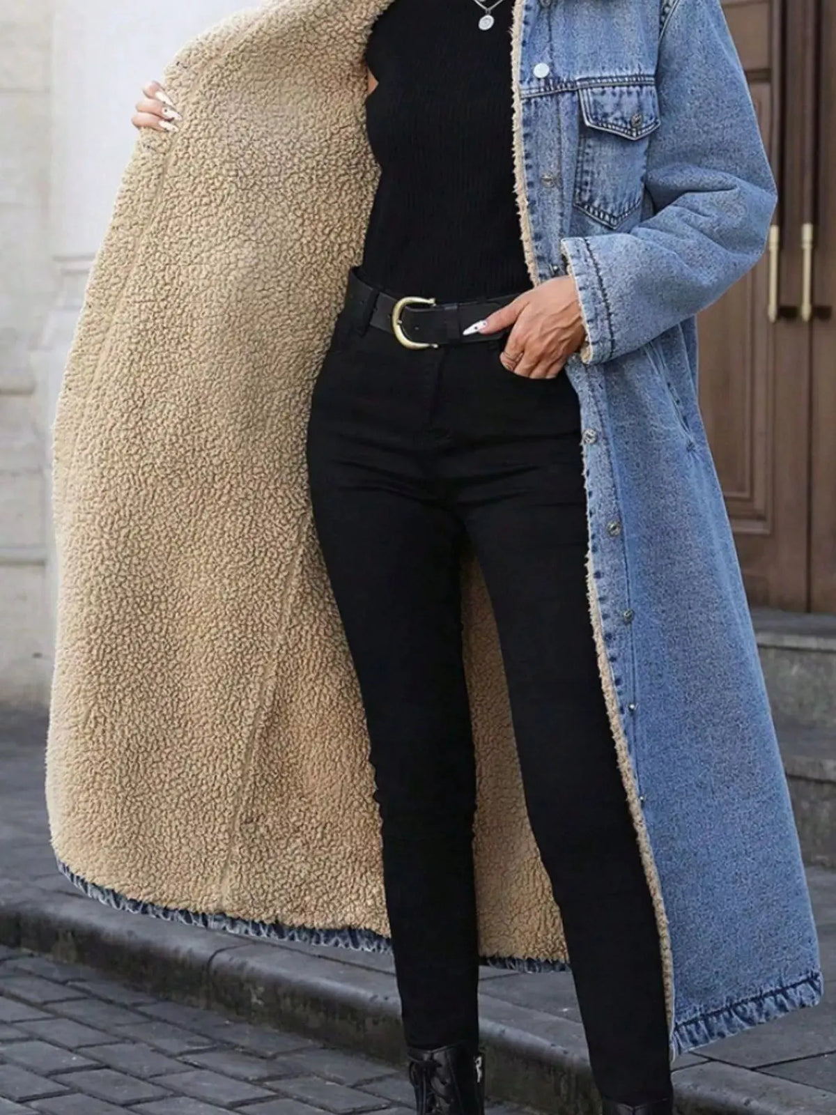 Sherpa Lined Longline Denim Jacket by Partner Label