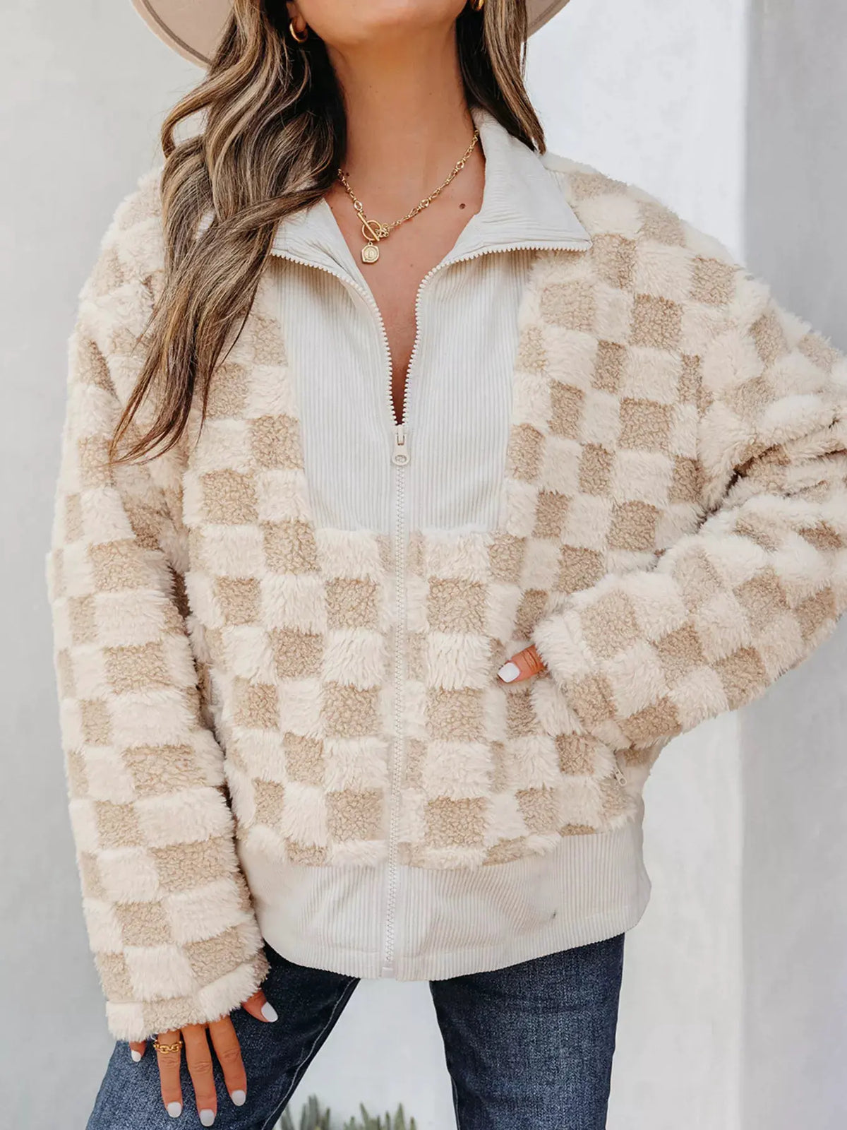 Checker Sherpa Corduroy Patchwork Zip Up Jacket by Partner Label