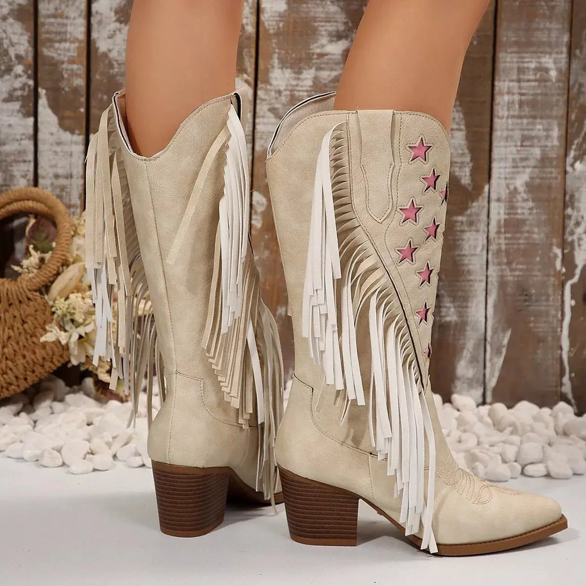 Star Fringe Block Heel Boots by Partner Label