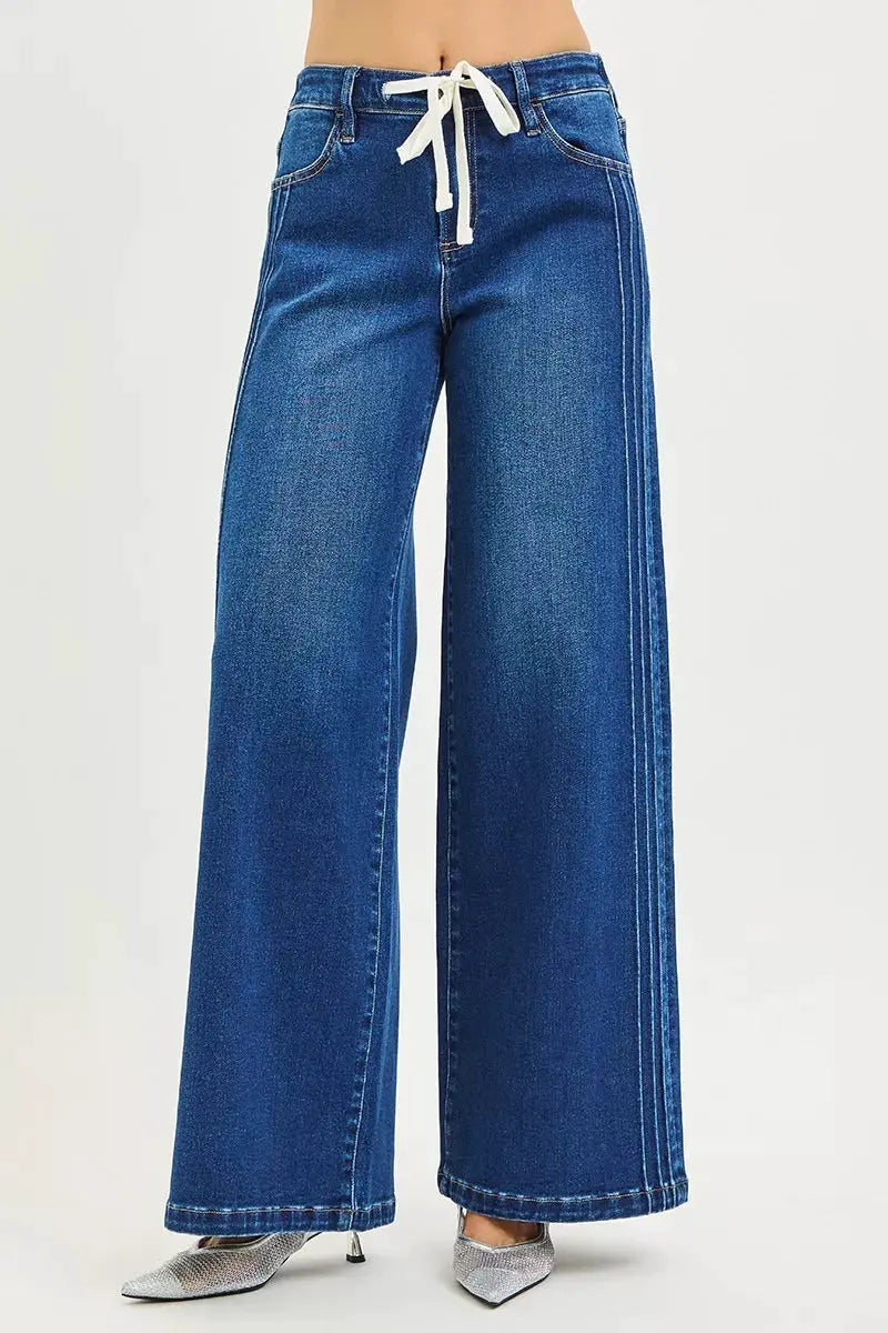 RISEN Full Size Mid Rise Wide Side Pintuck Jeans with Front Drawstring Plus Size by RISEN