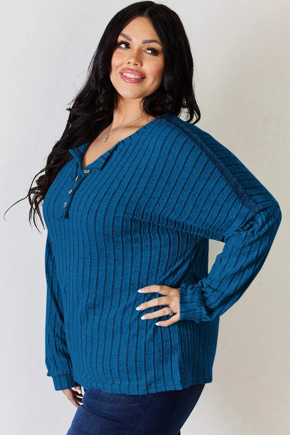 Basic Bae Full Size Ribbed Half Button Long Sleeve T‑Shirt | Partner Labels Selection by Partner Label