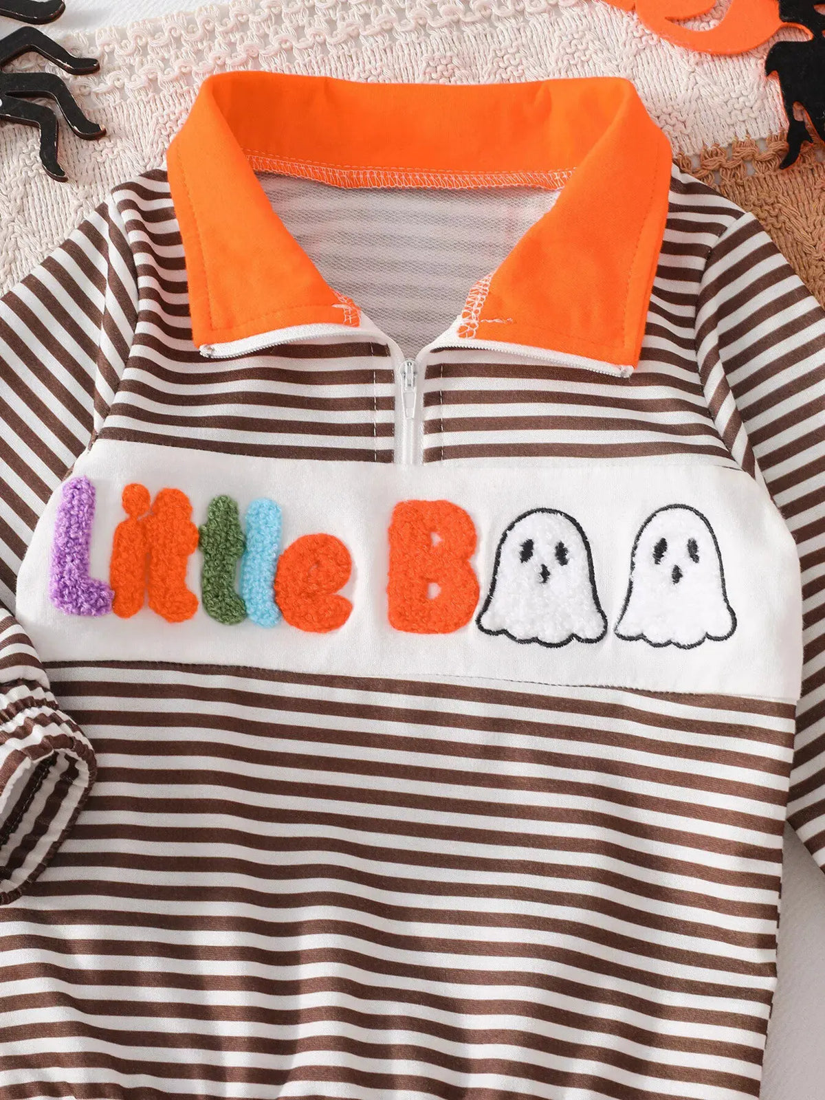 Children's Little Boo Halloween Striped Quarter-Zip Sweatshirt by Trendsi