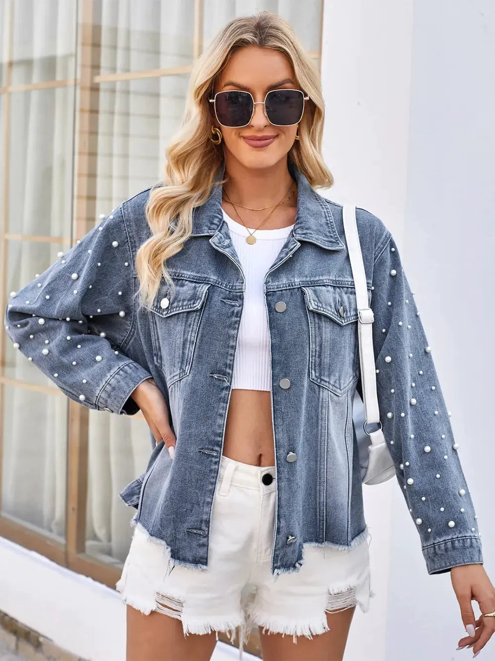 Pearl Trim Raw Hem Denim Jacket by Partner Label