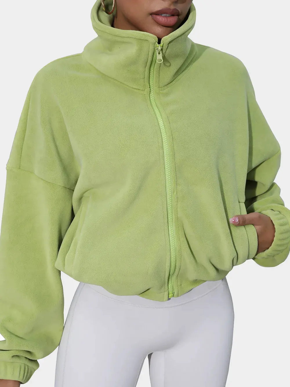 Drawstring Turtleneck Zip Up Long Sleeve Jacket by Partner Label