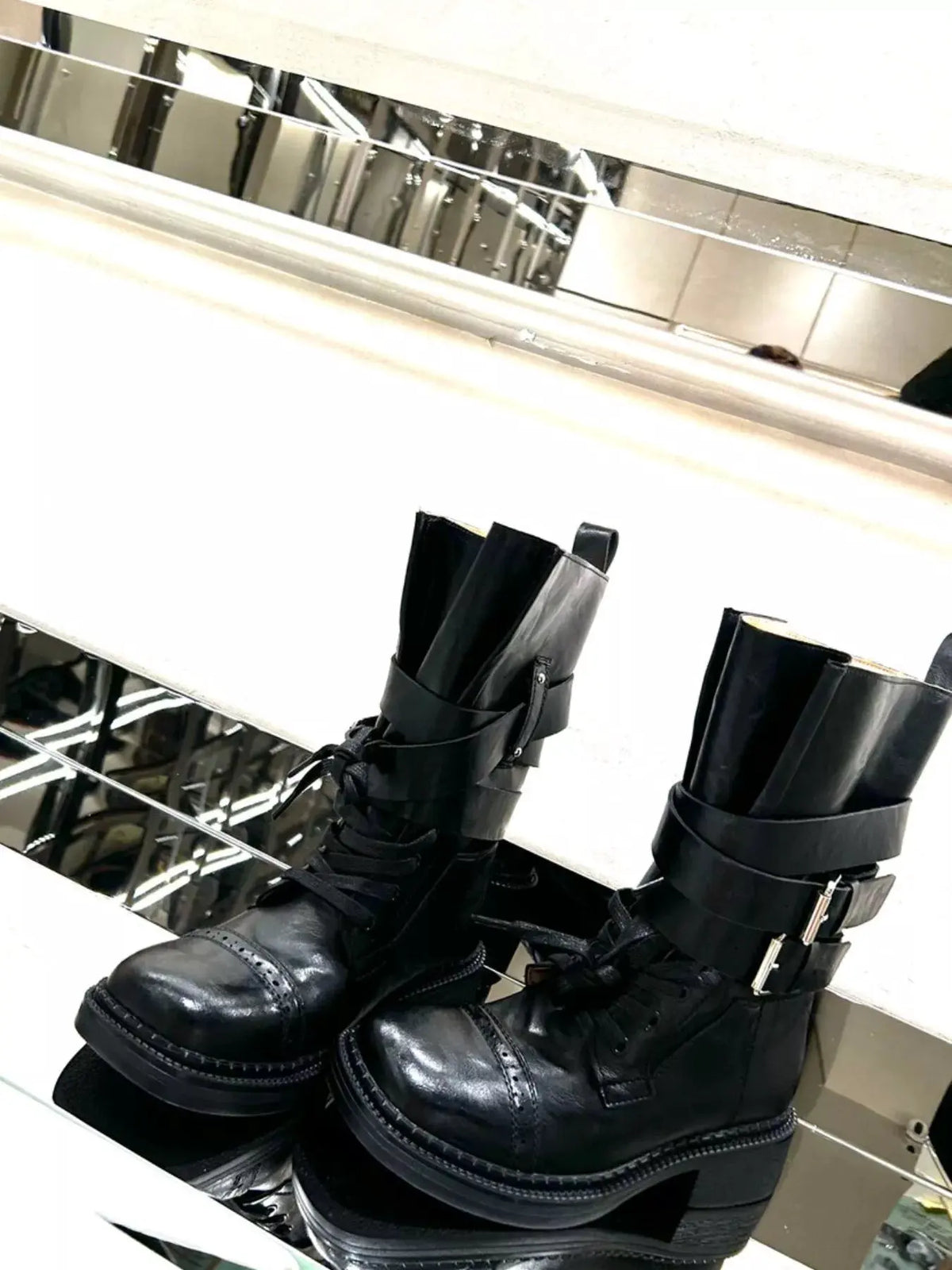 Buckled Leather Block Heel Boots by Partner Label