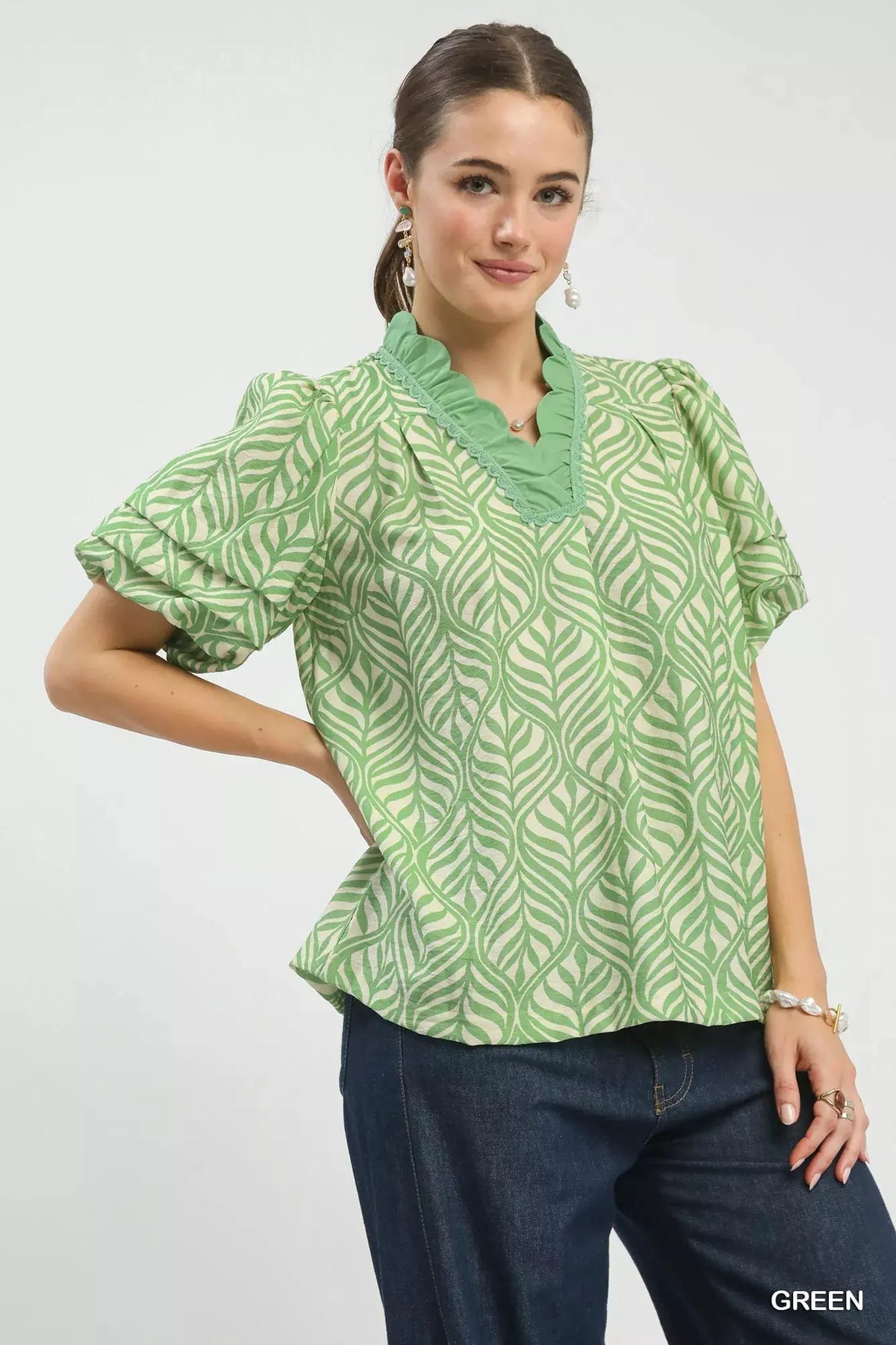 Umgee Printed Puff Sleeve Ruffle Neck Top by Umgee