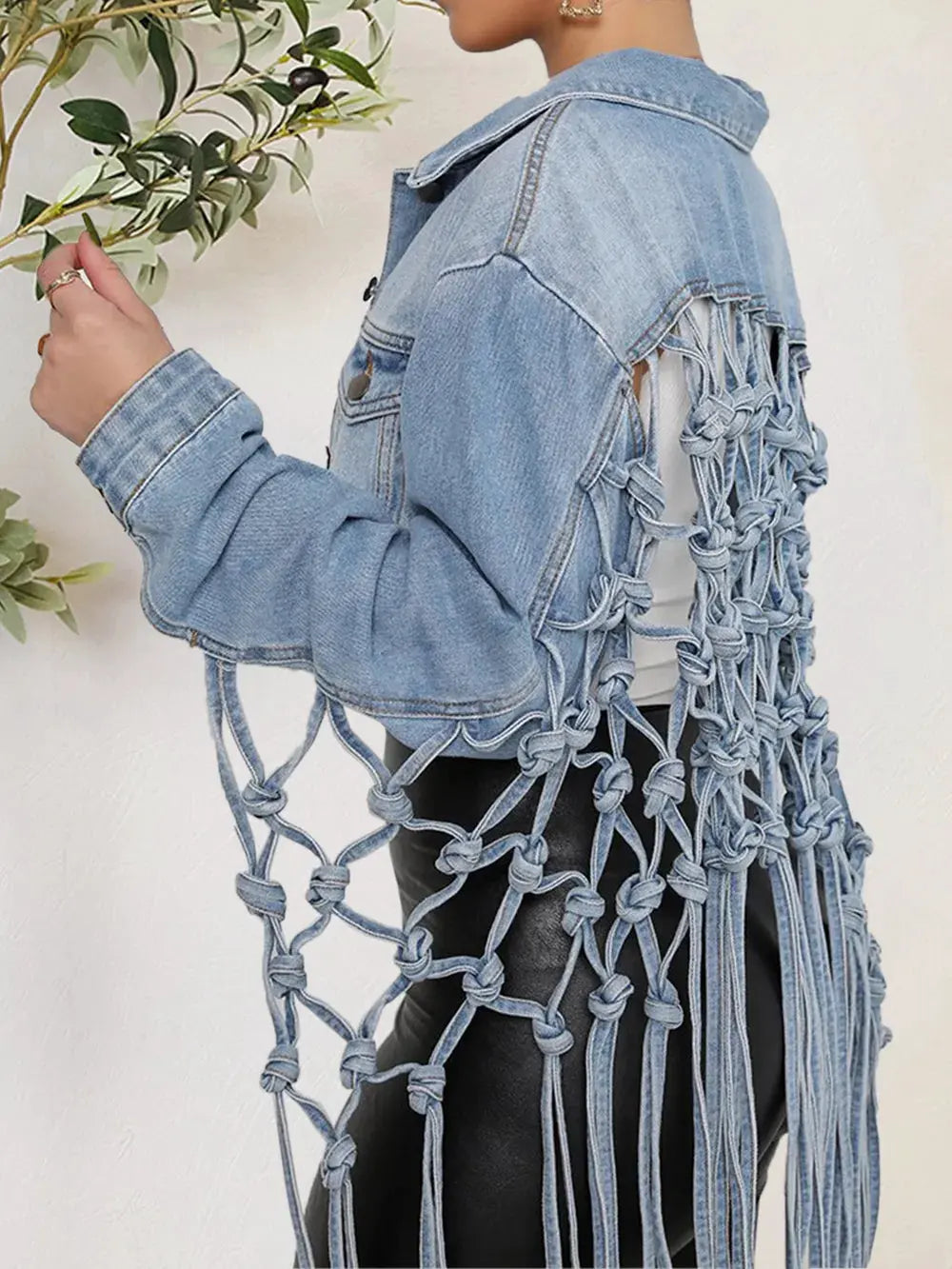 Tie Detail Button Up Denim Jacket with Pockets by Partner Label