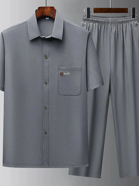 Men's Full Size Button Up Short Sleeve Top and Pants Set Plus Size by Trendsi