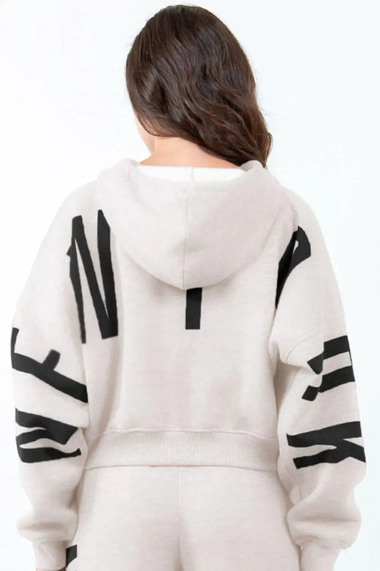 American Bazi Letter Graphic Long Sleeve Drawstring Cropped Hoodie by American Bazi