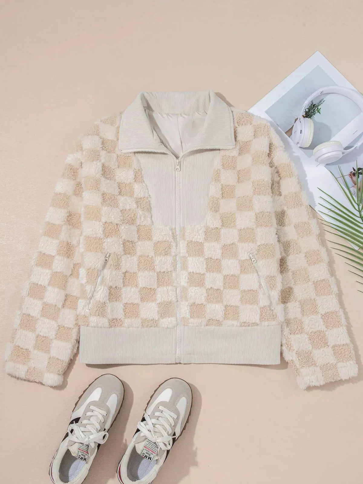 Checker Sherpa Corduroy Patchwork Zip Up Jacket by Partner Label