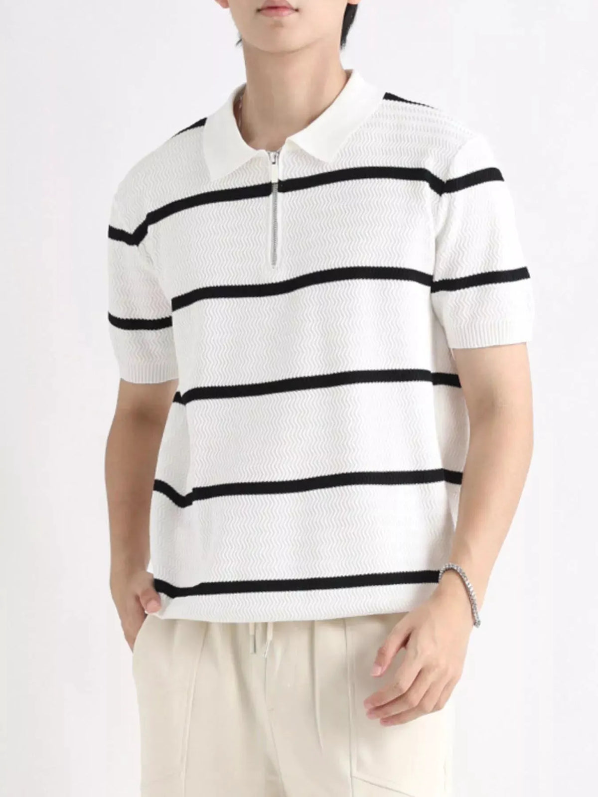 Men's Plus Size Striped Zip-Up Knit Polo by POL