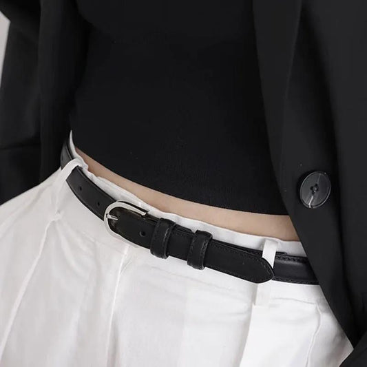 Skinny Leather Belt with Silver Buckle by Trendsi