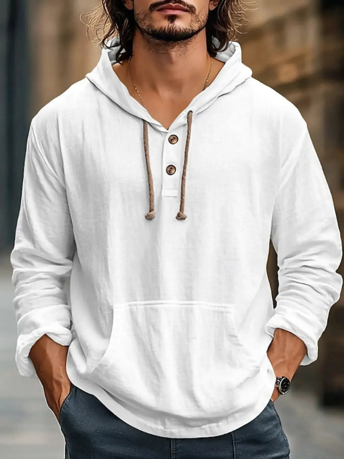 Men's Full Size Drawstring Long Sleeve Hoodie with Button Details Plus Size by Trendsi