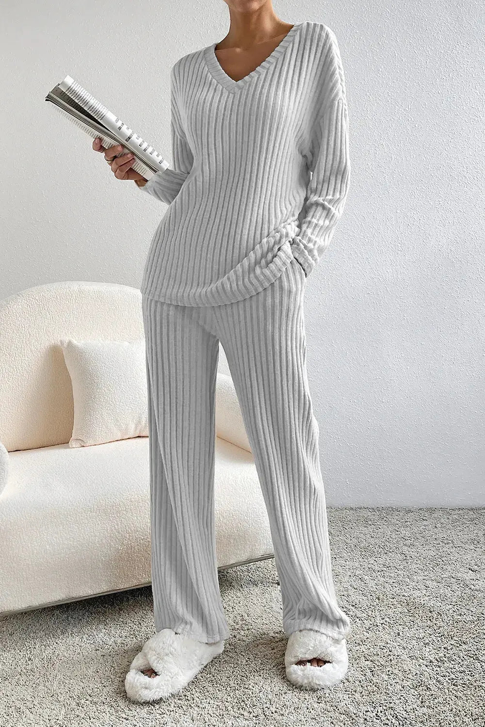 Ribbed V-Neck Top and Pants Lounge Set by Partner Label