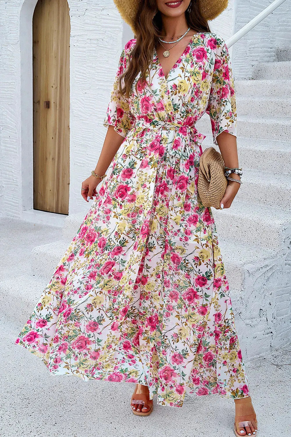 Devine Printed Tied Half Sleeve Slit Dress by Devine