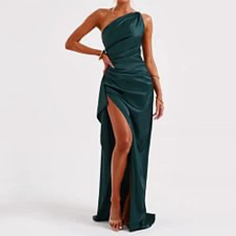 Sexy One-shoulder Backless Slit Dress Summer Elegant Slim-fit Solid Color Satin Dresses For Women by Maiden-Art