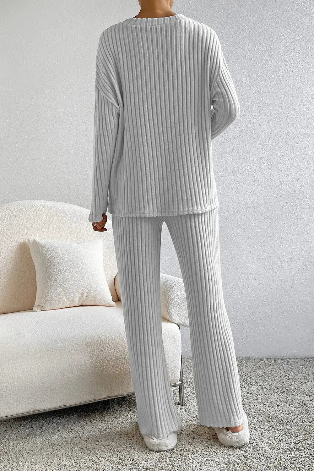 Ribbed V-Neck Top and Pants Lounge Set by Partner Label