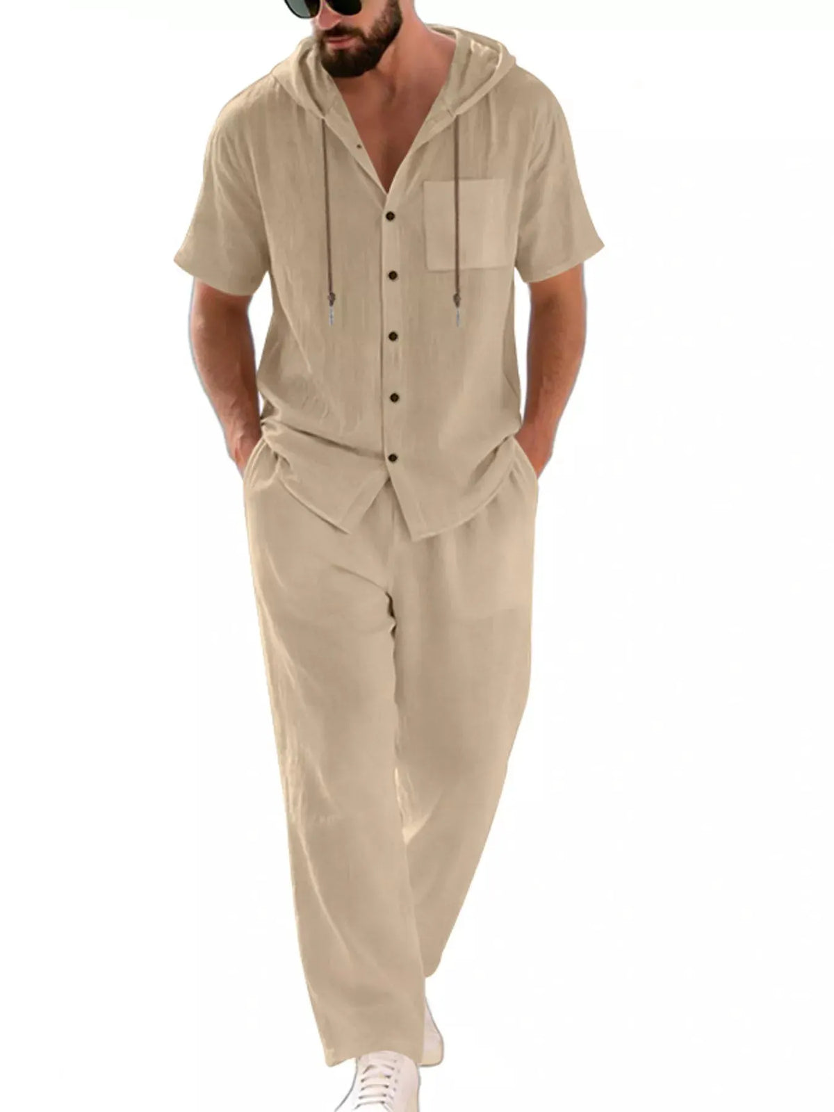 Men's Full Size Casual Hooded Short Sleeve Shirt and Pants Two-Piece Set Plus Size by Trendsi