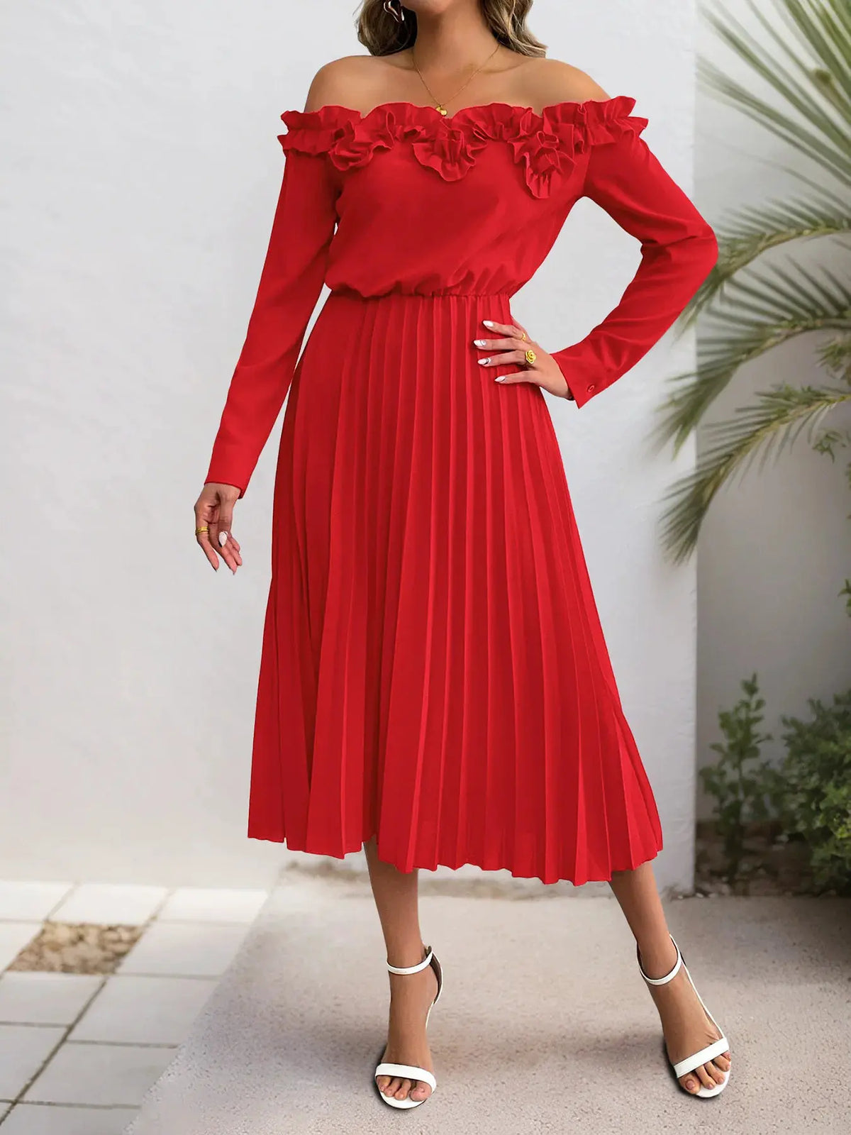 Off-Shoulder Ruffle Pleated Midi Dress by Partner Label