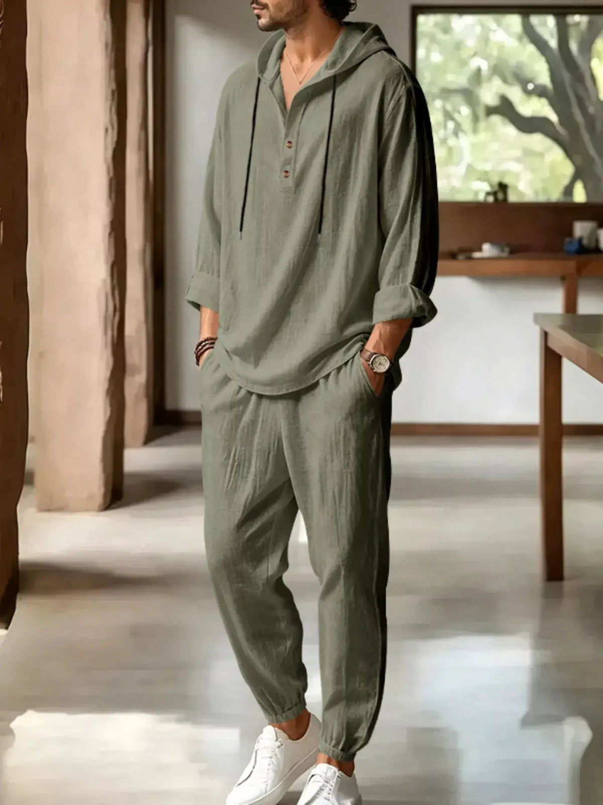 Men's Full Size Casual Button Detail Hooded Top and Pants Set Plus Size by Partner Label