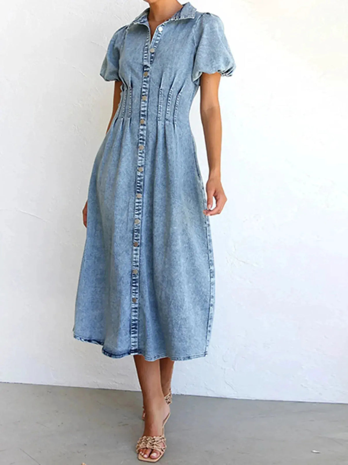 Puff Sleeve Button Front Denim Midi Dress by Partner Label