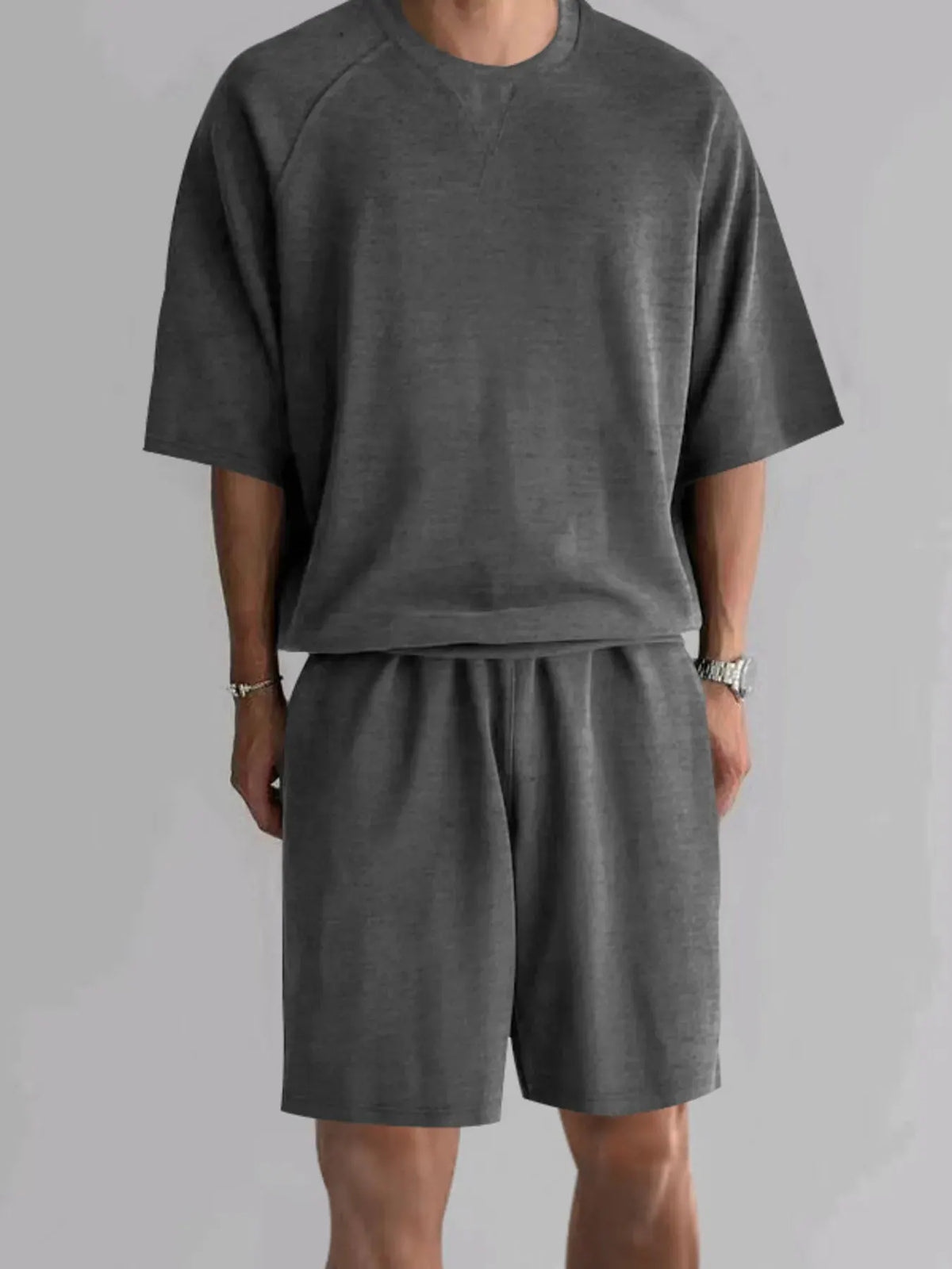 Men's Full Size Round Neck Top and Shorts Set Plus Size by Trendsi