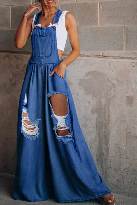 Distressed Wide Leg Denim Overalls by Partner Labels