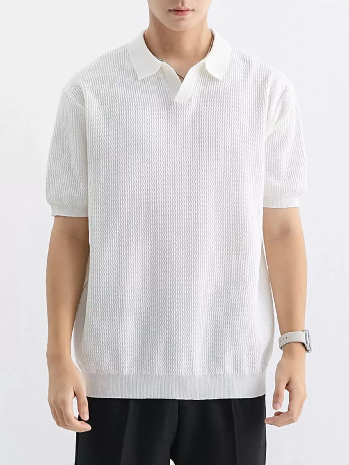 Men's Plus Size Textured Knit Short Sleeve Polo by Trendsi