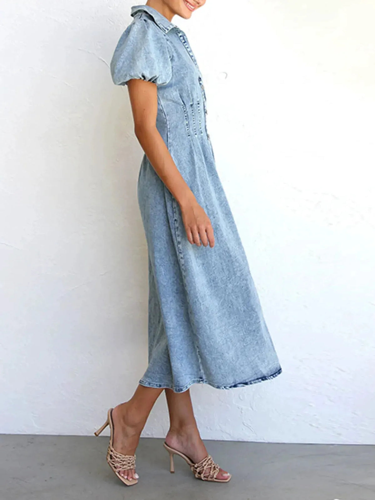 Puff Sleeve Button Front Denim Midi Dress by Partner Label