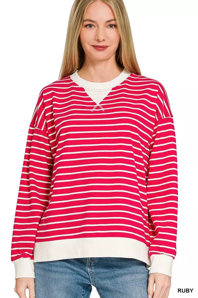 Zenana Contrast Striped Round Neck Sweatshirt by Zenana