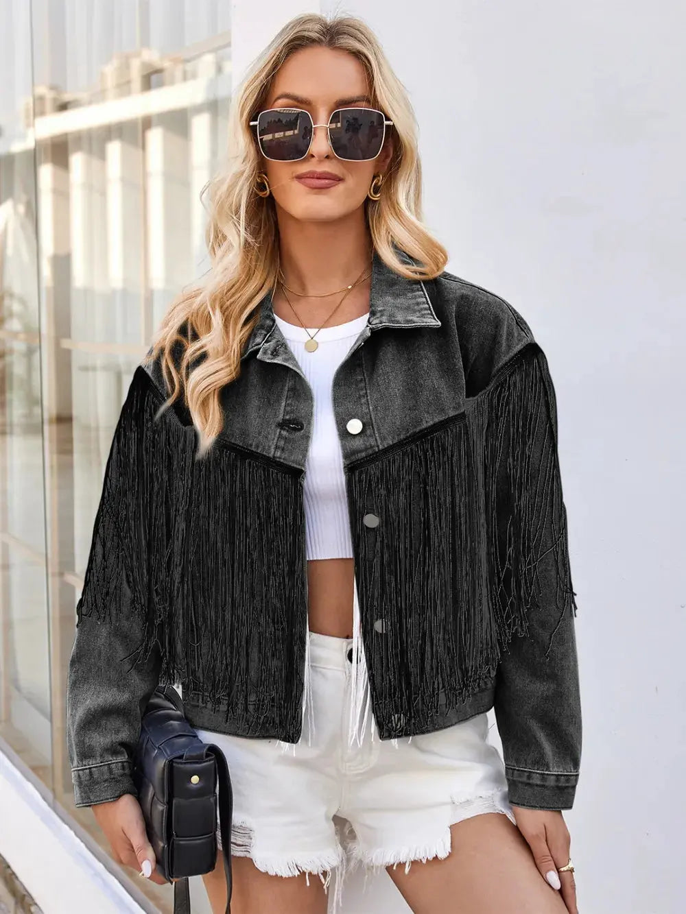 Tassel Button Up Dropped Shoulder Denim Jacket by Partner Label