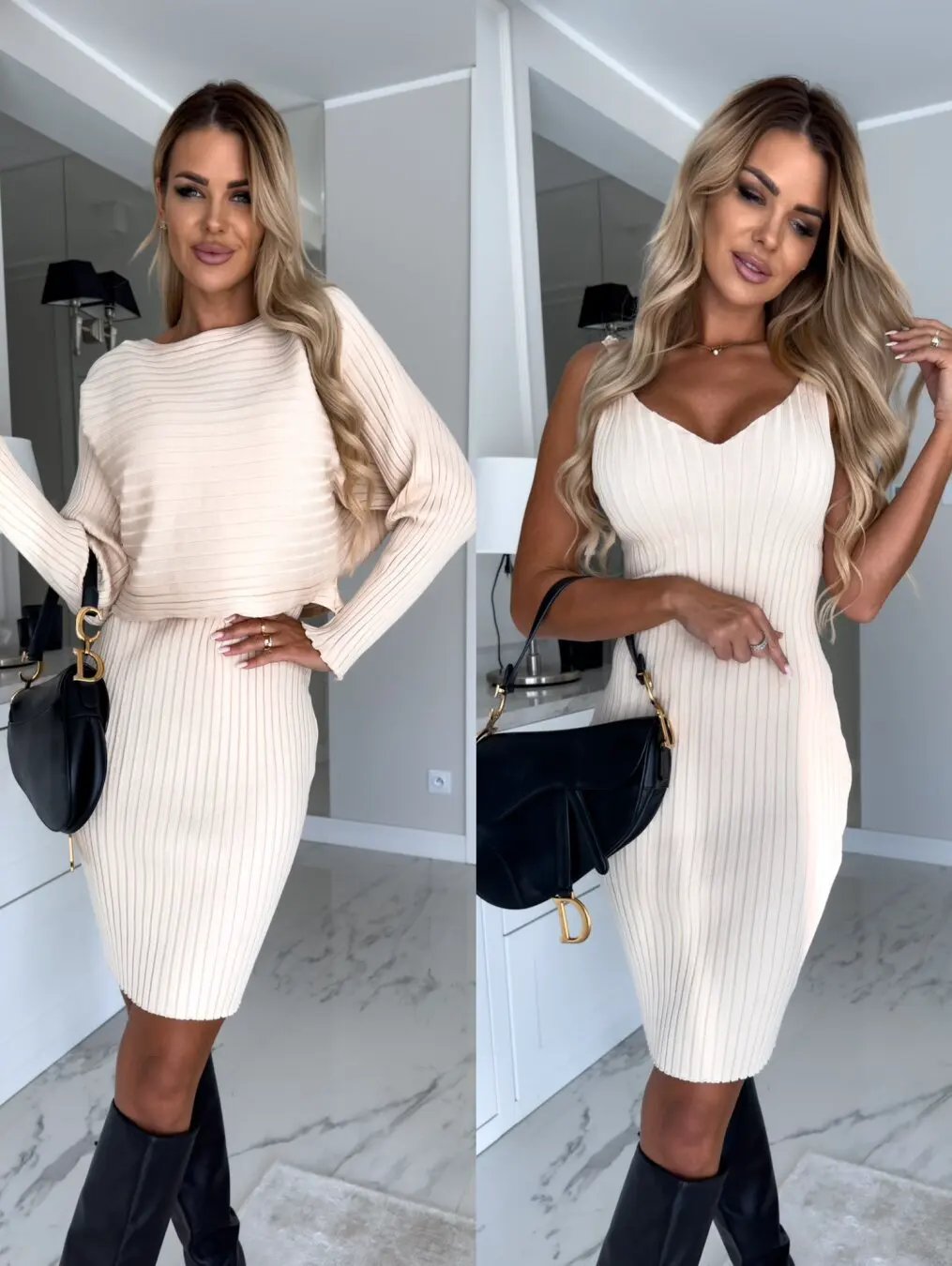 2pcs Suit Women's Solid Stripe Long-sleeved Top And Tight Suspender Skirt Fashion Autumn Winter Slim Clothing by Maiden-Art