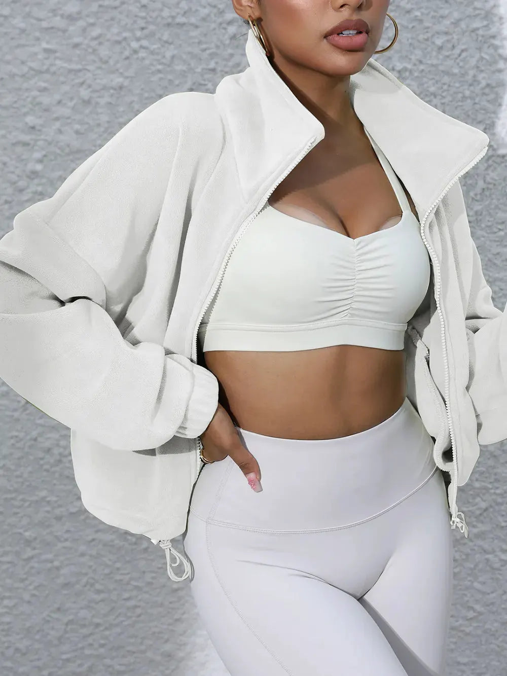 Drawstring Turtleneck Zip Up Long Sleeve Jacket by Partner Label
